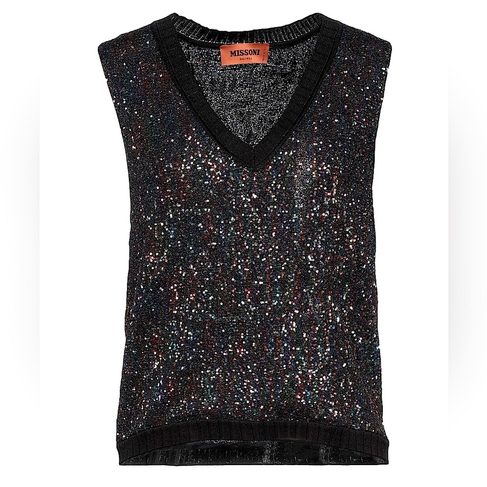 Missoni Black Multicolor Sequin Knit V-Neck Vest